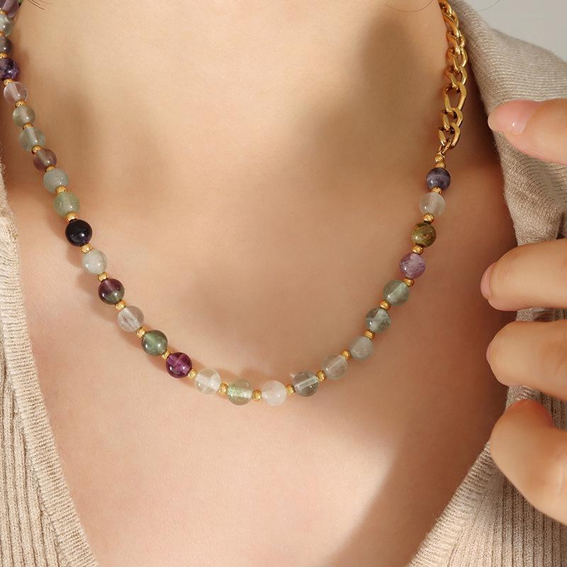 Multi-Color Natural Stone Beaded Titanium Steel Necklace