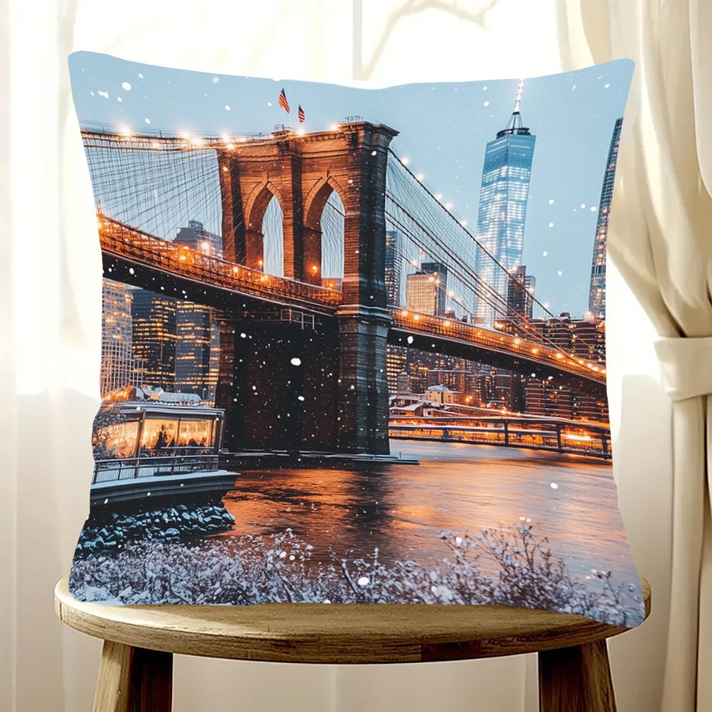 Brooklyn Bridge Night Cityscape Pillowcase New York Skyline Cushion Cover Urban Landscape Decor for Living Room Bedroom Sofa 40cmx40cm