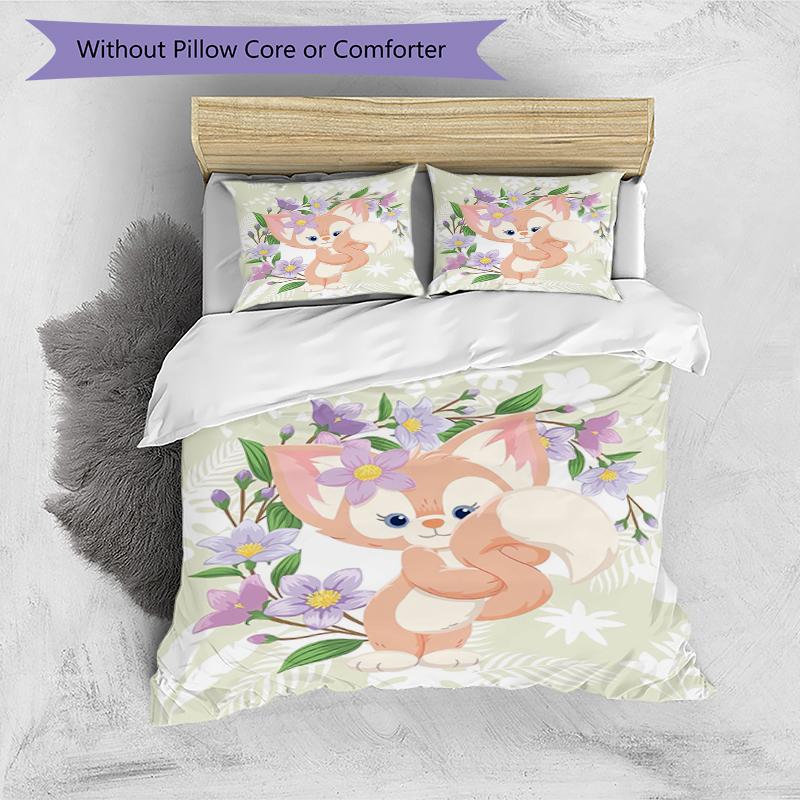 Fox Flowers Design Bed Bedding Set 1 Duvet Cover + 2 Pillowcases Soft Breathable Household Bed Linens
