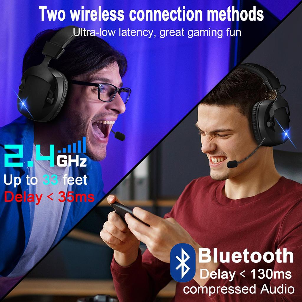 2.4G Wireless Gaming Headset Bluetooth Headphones with Detachable Noise‑cancelling Mic 50mm Driver LED Light for PC PS4 PS5