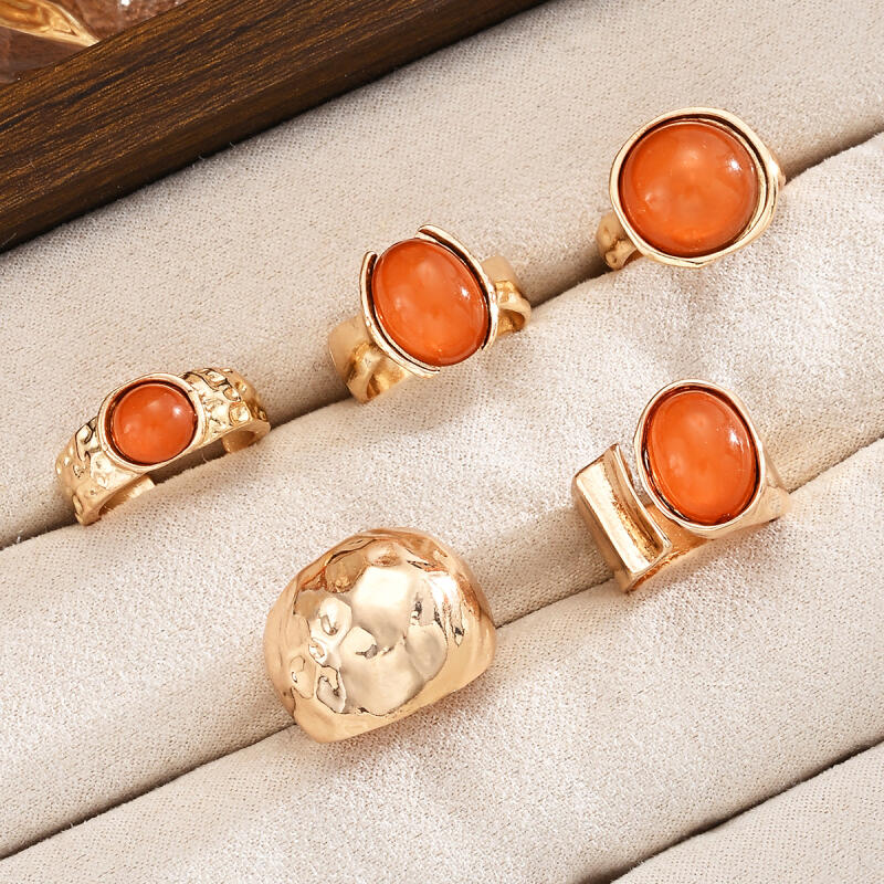 5Pcs/Set Geometric Irregular Circular Open Rings for Women Men Bohemian Orange Acrylic Hammer Texture Ring Jewelry Accessories