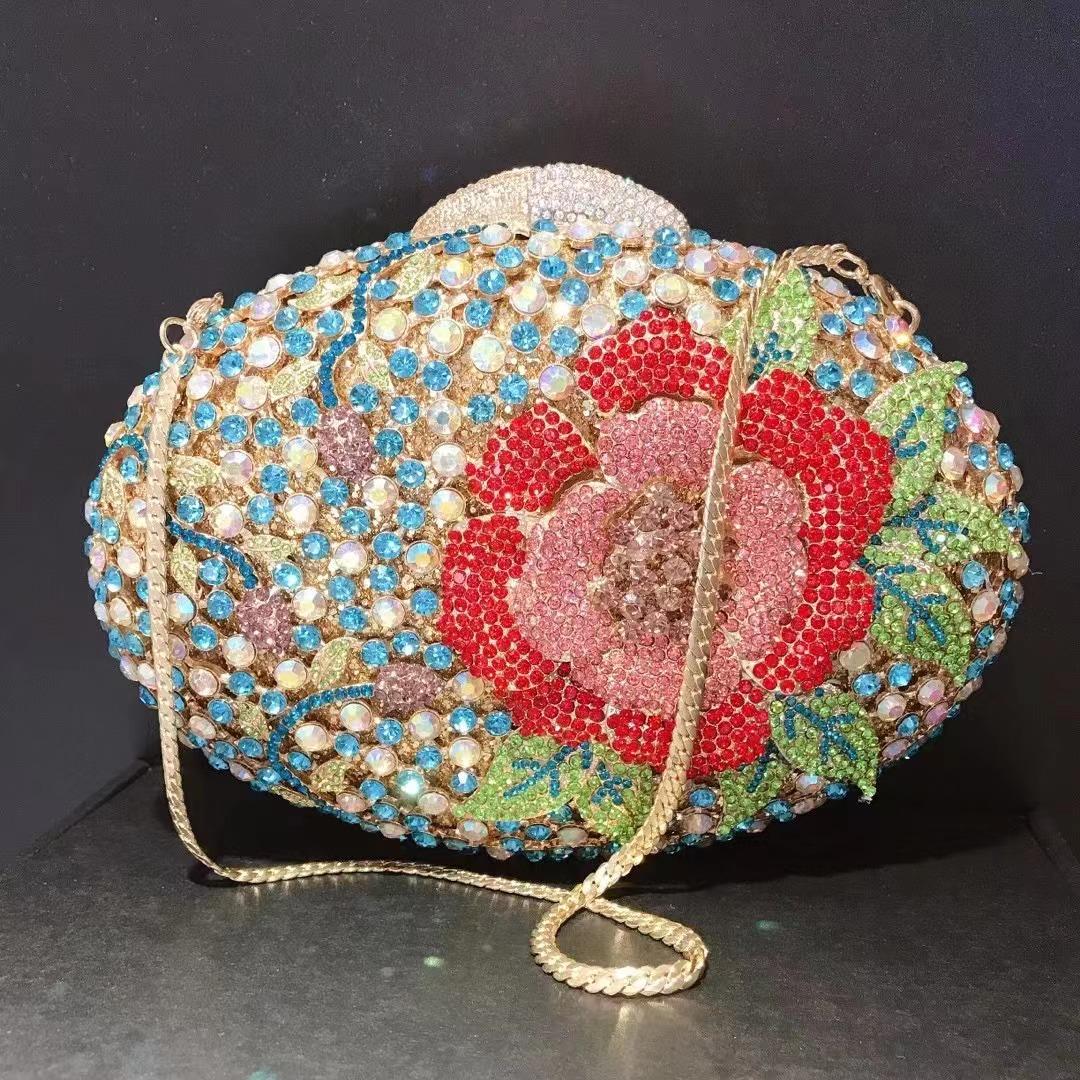 

WHTUOHENG Diamond Flower Lady Evening Clutch Women s Blue/Red Rhinestone Floral Bag Luxury Crystal Stone Handbag Dinner Clutches 19.5cmX14cmX6cm