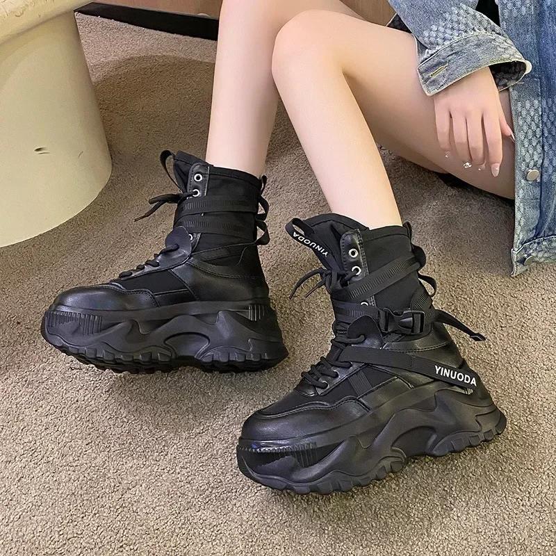 Fashion Classic Lace-up Platform Boots Women Mid-calf Flat Boots for Women Mesh Leather Splicing Light Non-slip Breathable Casual Boots