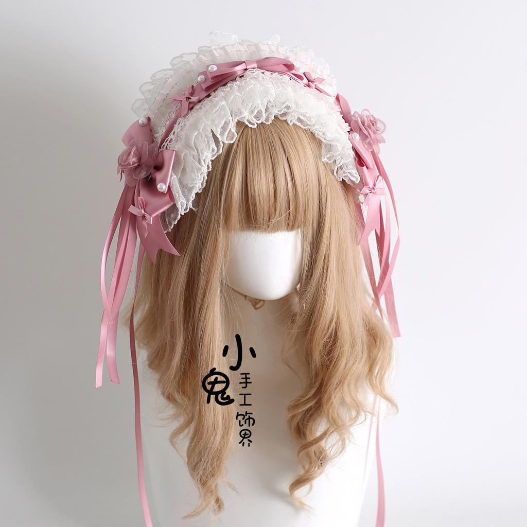 Flower Ball Necklace Headband Lolita Bow Hair Accessories KC Pink and White Lolita Original Hair Clip