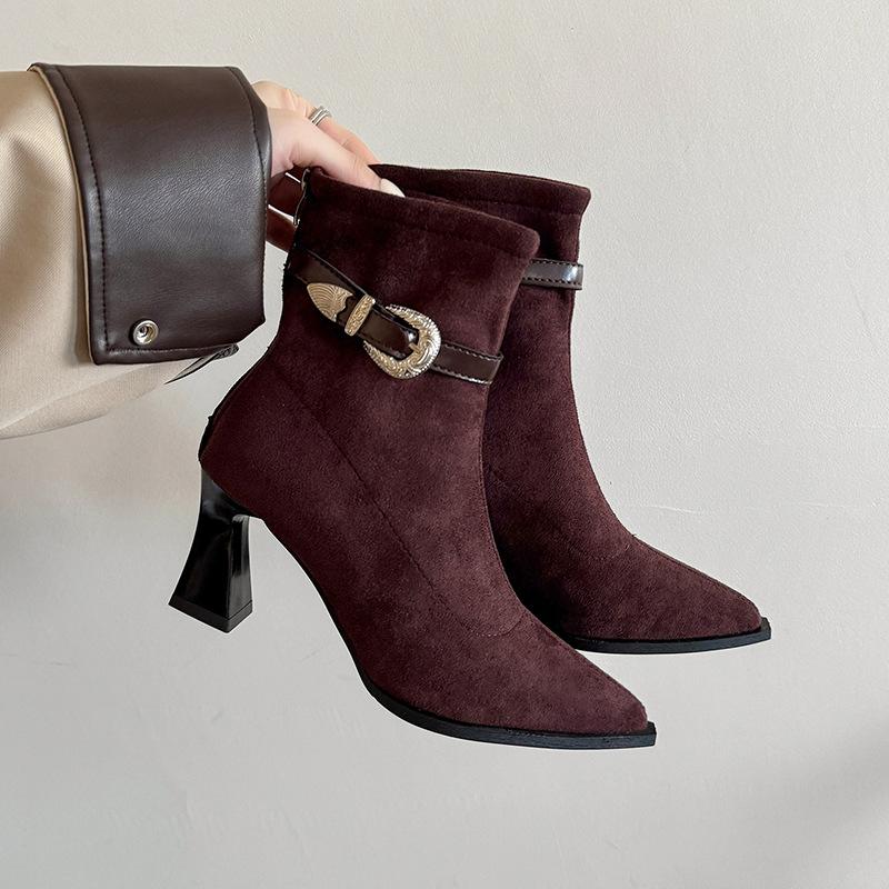 Korean version pointed thick heel belt decorative elastic thin boots large size autumn new black high heel suede short boots