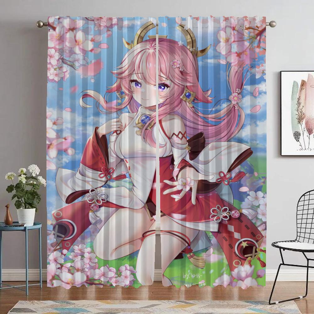 Blackout Curtains for Living Room Curtain Genshin Impact Tulle for Bedroom Halloween Decoration Partition Curtains 2 Pieces Home