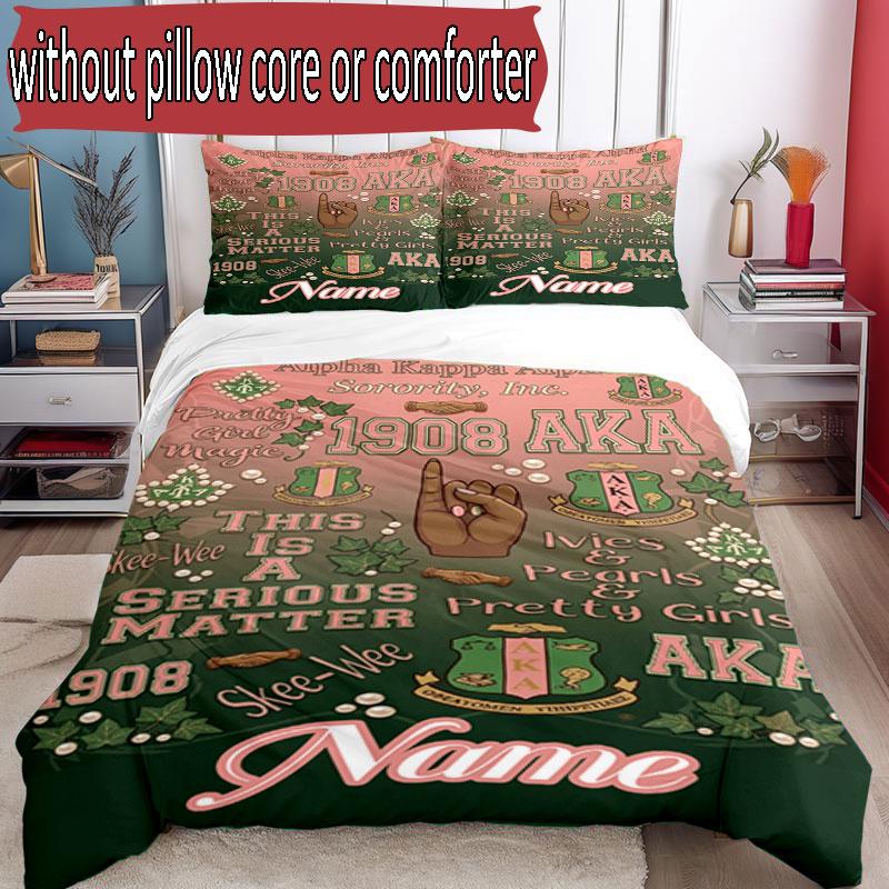 3pcs Duvet Cover Set (1*Duvet Cover + 2*Pillowcase, Without Core), Custom Name Alpha Kappa Alpha Pattern Bedding Set, Home Bedroom Decor Gift