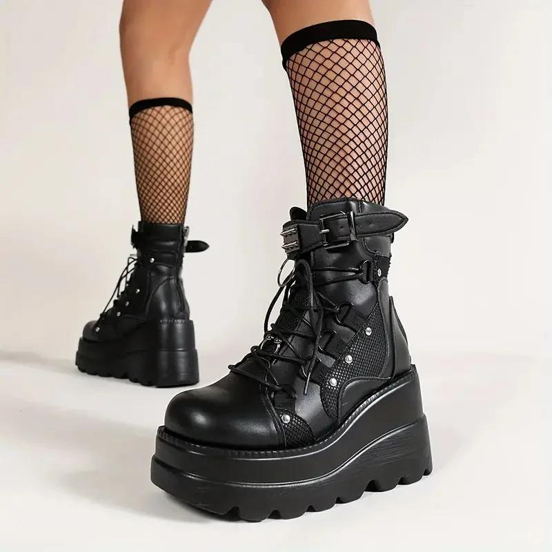 Fashion Women's Goth Cosplay Wedge Combat Ankle Boots Fashion Stylish Punk Buckle Lace-up Zipper Dress Boots Ladies Winter Outdoor Shoes