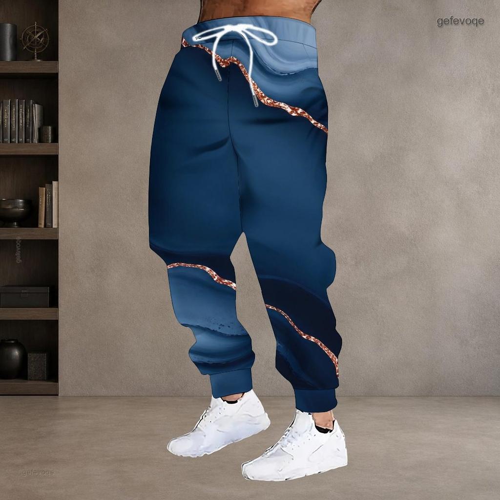 Men S Plus Size Blue Gold Marble Printed Drawstring Jogger Pants Side Pockets Cuffed Ankle