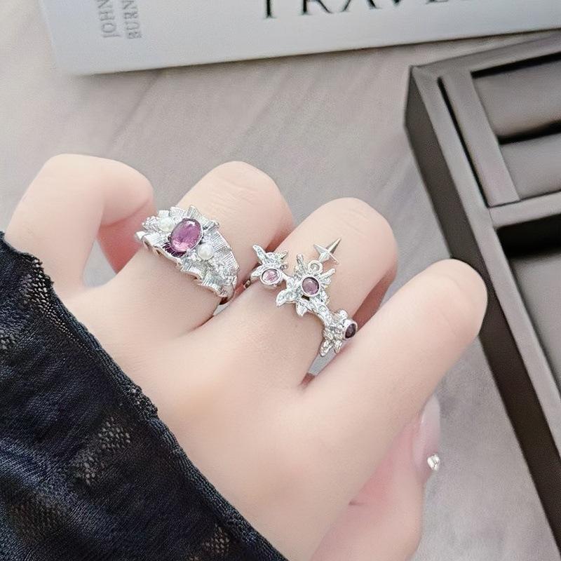 Purple Brilliant Egg Surface Skirt Brushed Bead Opening Ring Niche Light Luxury High Sense Exquisite French Ring Woman