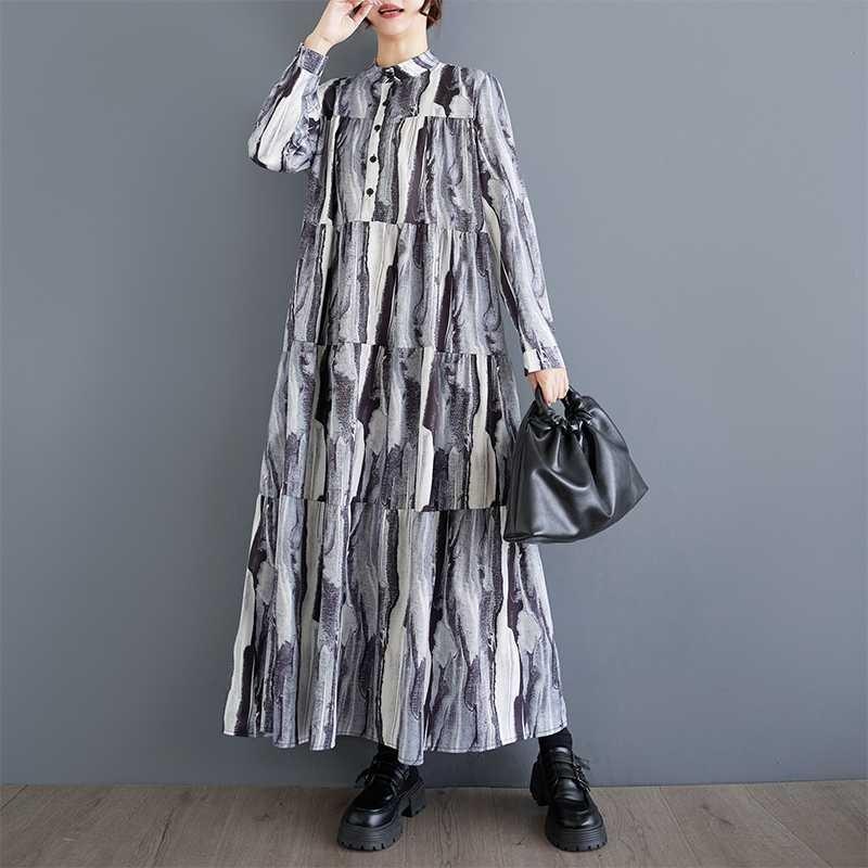 New Large Size Loose Thin Fashion Long-sleeved Printed Dresses