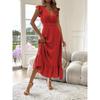 Women's Summer V-Neck Ruffle Short Sleeve Maxi Dress Shirred Elastic Waist Flowy Casual Beach Vacation Sundress