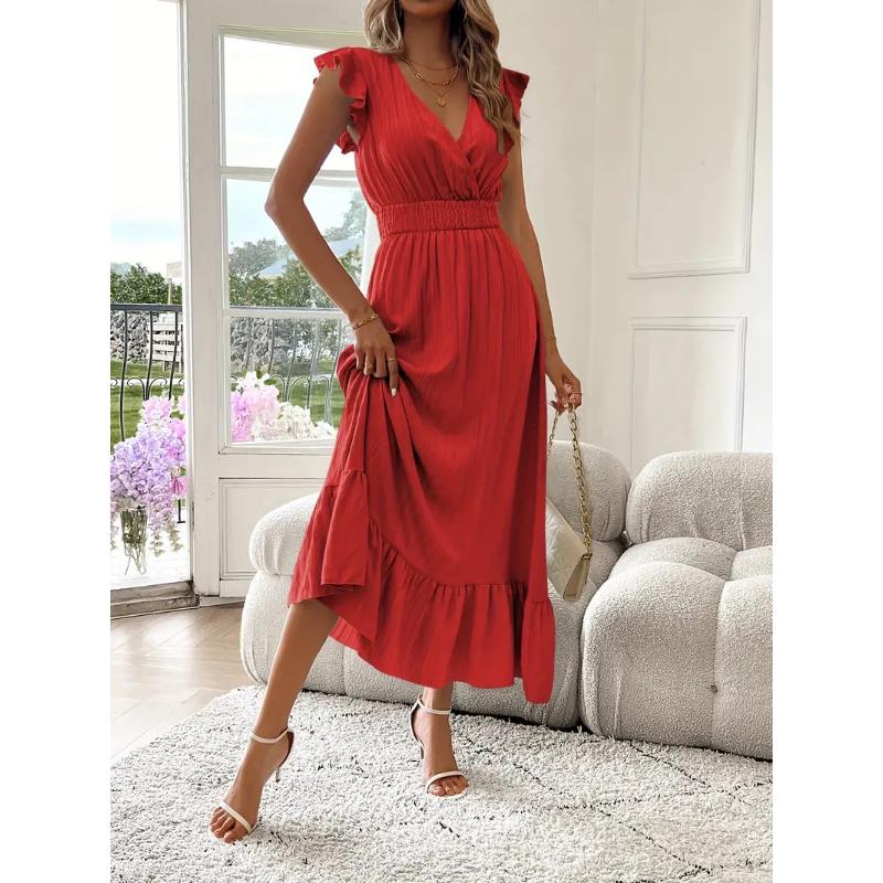 Women's Summer V-Neck Ruffle Short Sleeve Maxi Dress Shirred Elastic Waist Flowy Casual Beach Vacation Sundress