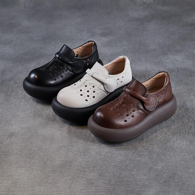 Johnature Dámské boty s dutou silnou podrážkou z pravé kůže s kulatou špičkou, dámské platformové sandály