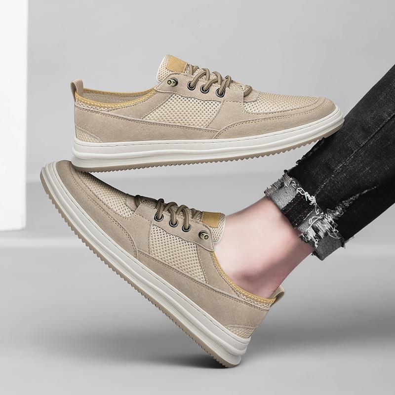 Lightweight Genuine Leather Breathable Skate Shoe Lace Up Sneakes Mens Vulcanized Shoes Mesh Surface Man Casual Sports Shoes