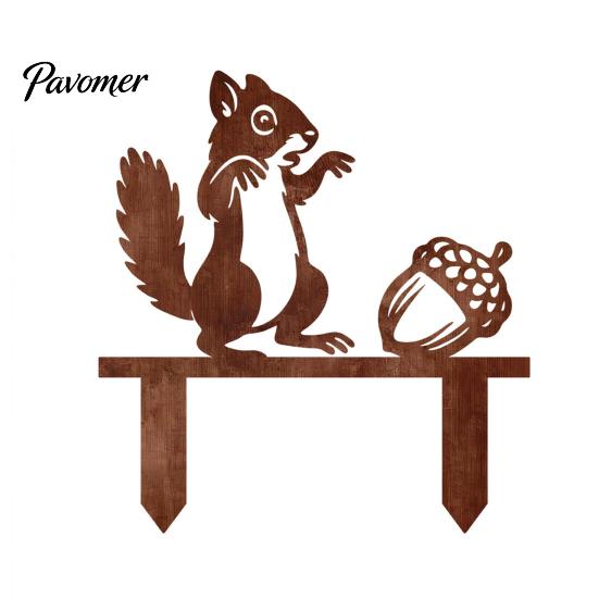 Garden Landscape Ornament Rusty Metal Squirrel with Acorn Stake, Cute Animal Silhouette Sculpture, Outdoor Plant Bed Decor Decorative Outside Yard Art