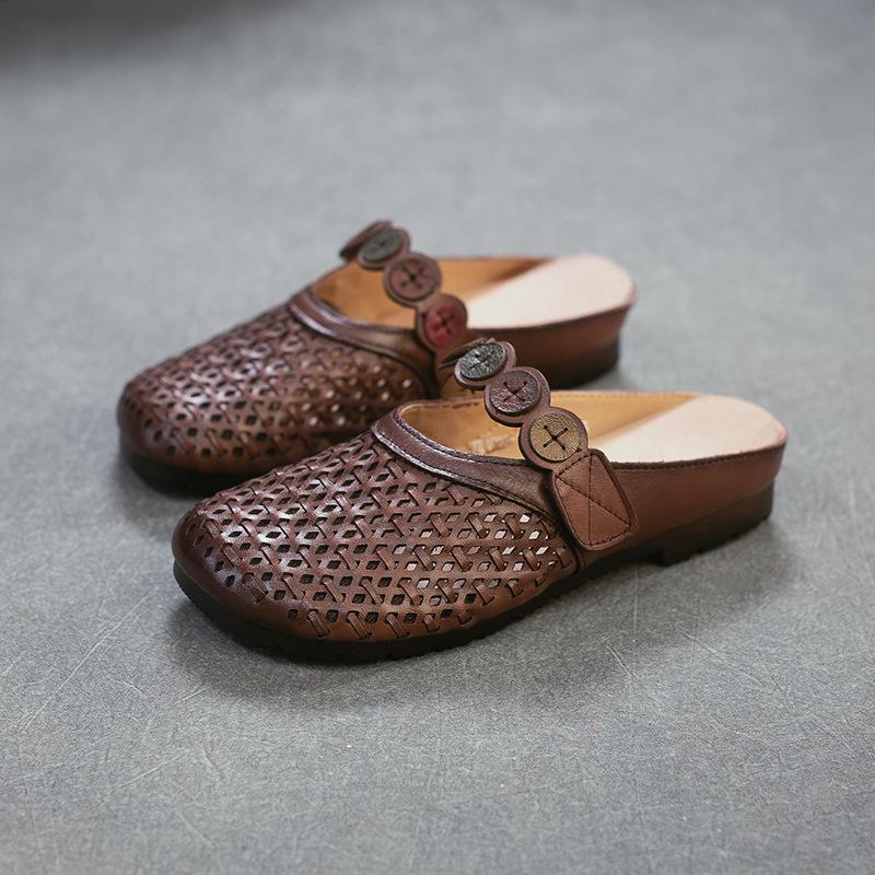 

Johnature Lightweight Genuine Leather Round Toe Slippers Hollow-out Breathable Versatile Retro Women s Shoes 35 коричневый