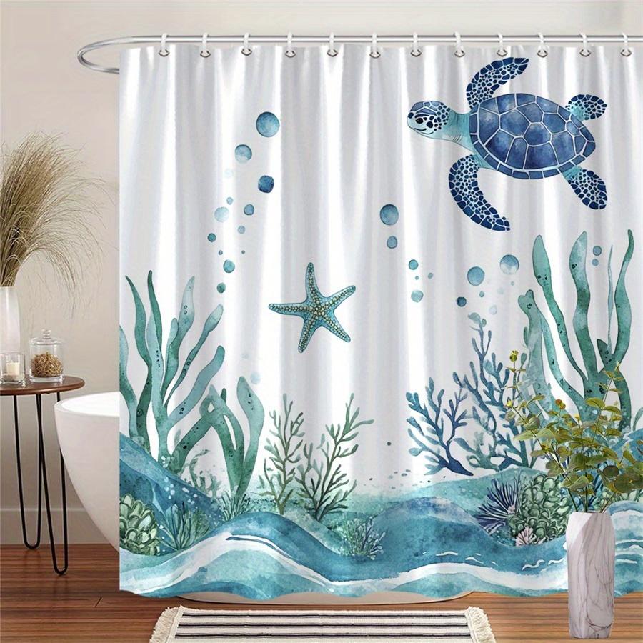 

1Pc Watercolor Coral And Seaweed Turtle Pattern Shower Curtain, Machine Washable Polyester With 12 Hooks For Bathroom Decor W60H190(CM)-1 Pcs