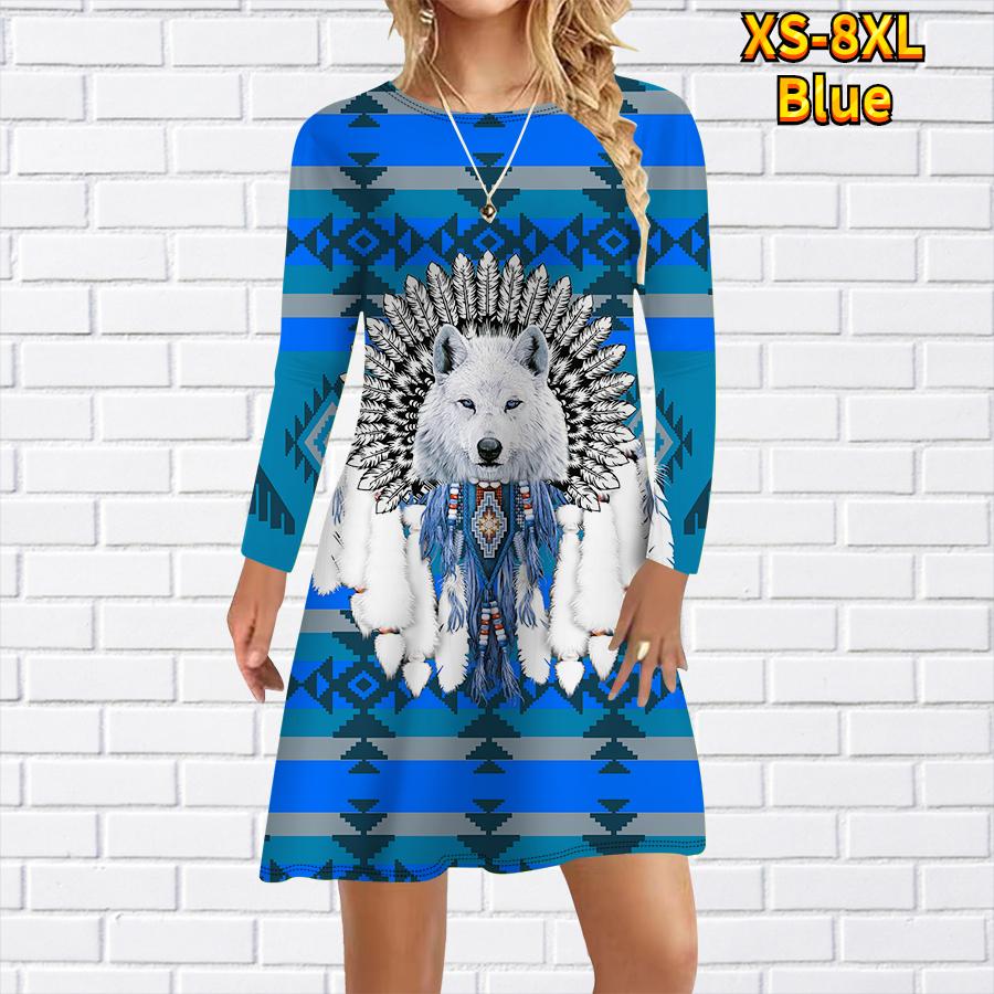 Lässiges Kleid für Damen mit Wolfsstamm-Print, Kleider für Damen, O-Ausschnitt, kurzärmelig, Übergröße