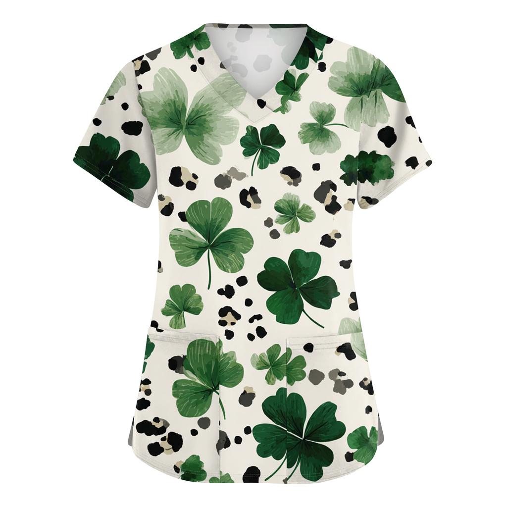 Damen St. Patrick Print Modischer V-Ausschnitt Tasche Kurzarm Uniform und Pflegeoberteil
