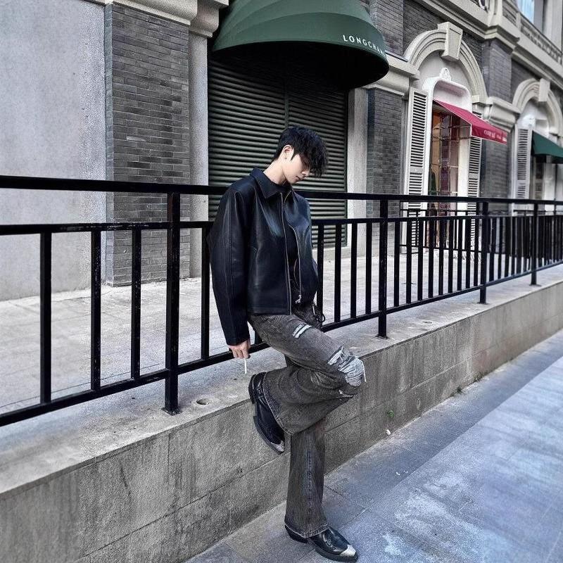 Mens Black PU Leather Jacket Short Fit Fall American Style Streetwear