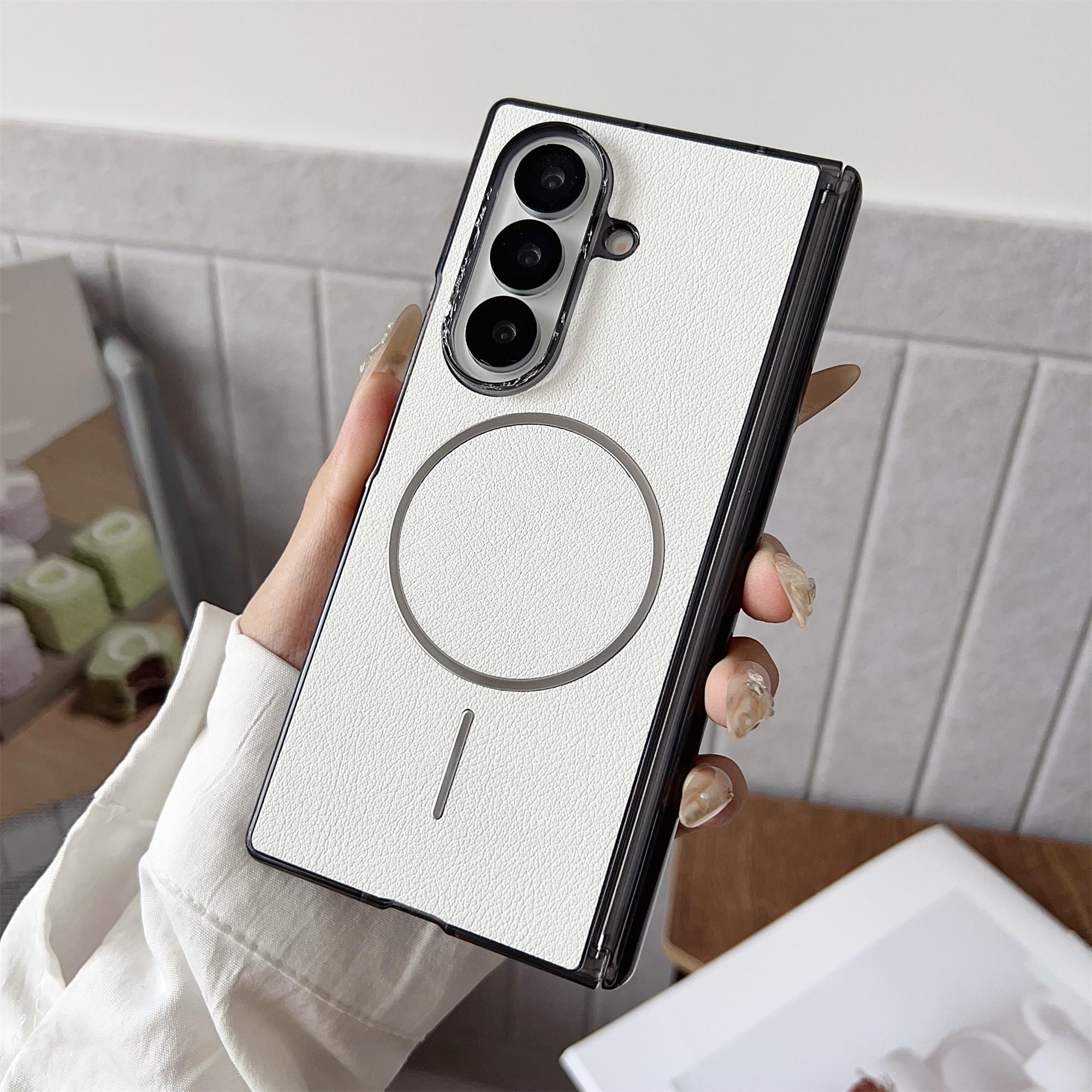 

For Samsung Galaxy Z Fold7 5G Phone Case Compatible with MagSafe Leather+PC Protective Cover White