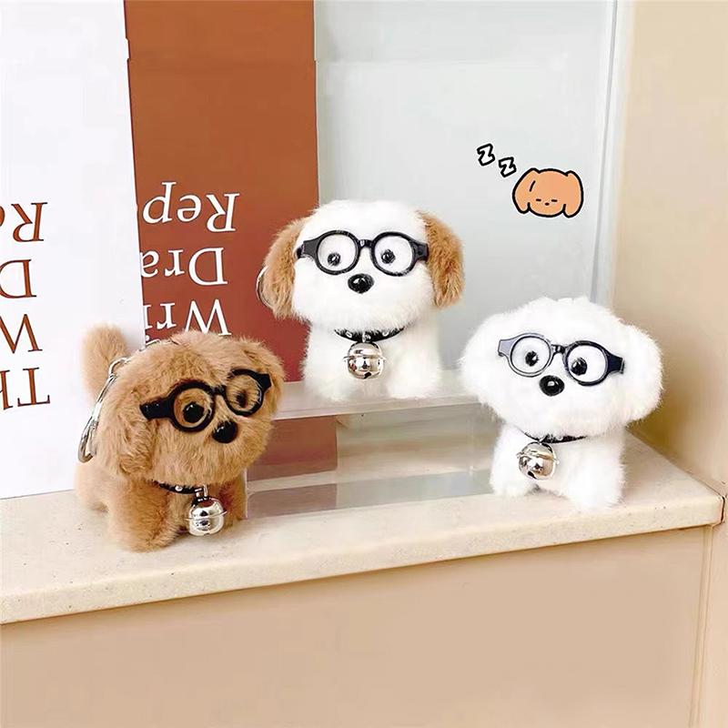 Çizgi Film Sevimli Peluş Gözlüklü Köpek Yavrusu Anahtarlık Yumuşak Dolgulu Köpek Çanta Kolye Süsleri Araba Anahtarlığı Kadın Kız Genç Parti Hediyesi