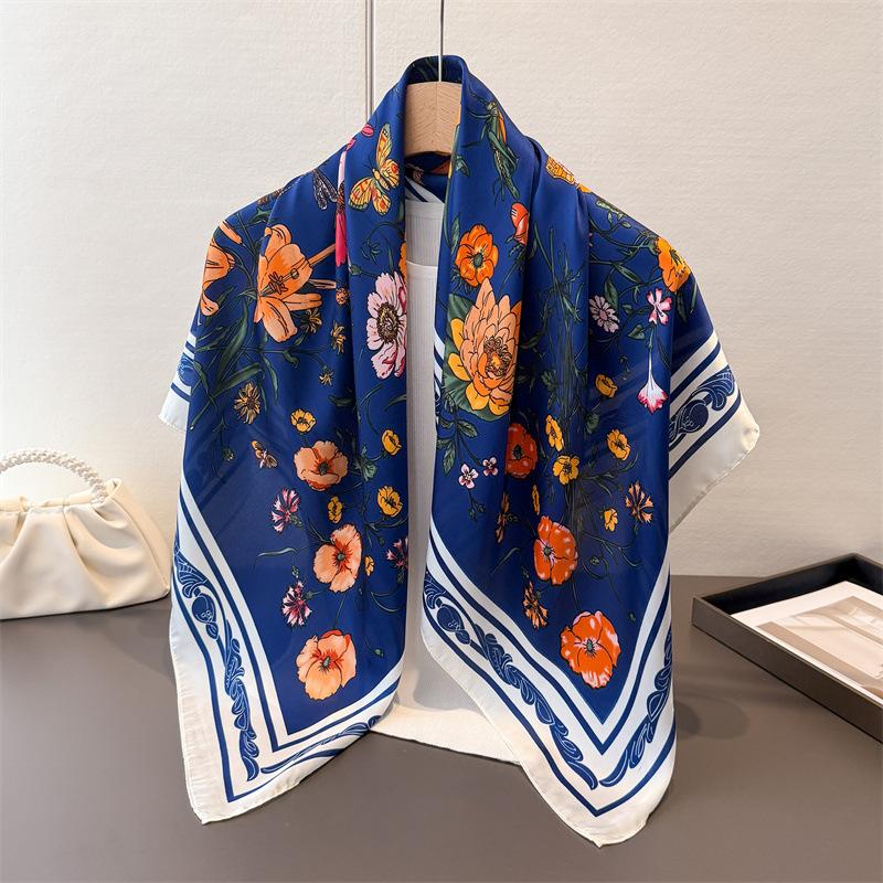 Korean Version Of Fresh Flower Satin Imitation Silk Printing Large Square Scarf Silk Scarf Shawl Headscarf Neck Protection Scarf Decorative Scarf
