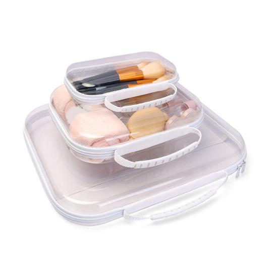 Transparente wasserdichte Kulturtasche Hartschalen-Aufbewahrungskoffer mit Netztasche Reise-Organizer mit Griff Trocken-Nass-Trennung