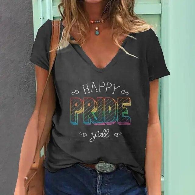 Women'S T-Shirt 3d Rainbow Color Print Tops Tees Fashion Casual V-Neck Pride Month Clothing Summer Lady Oversized Pullovers