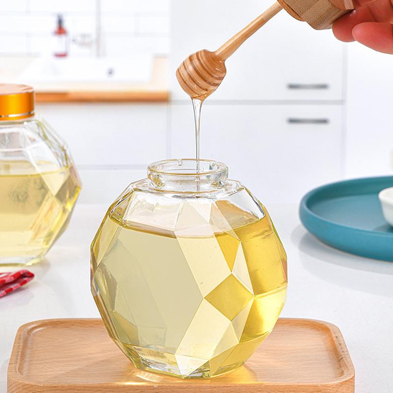 Boccetta di Vetro Esagonale Vuota per Miele con Bastoncino Mescolatore in Legno per Miele, Barattolo Trasparente Sigillante per Marmellata, Conservazione Cucina Casa 250G/500G/1000G
