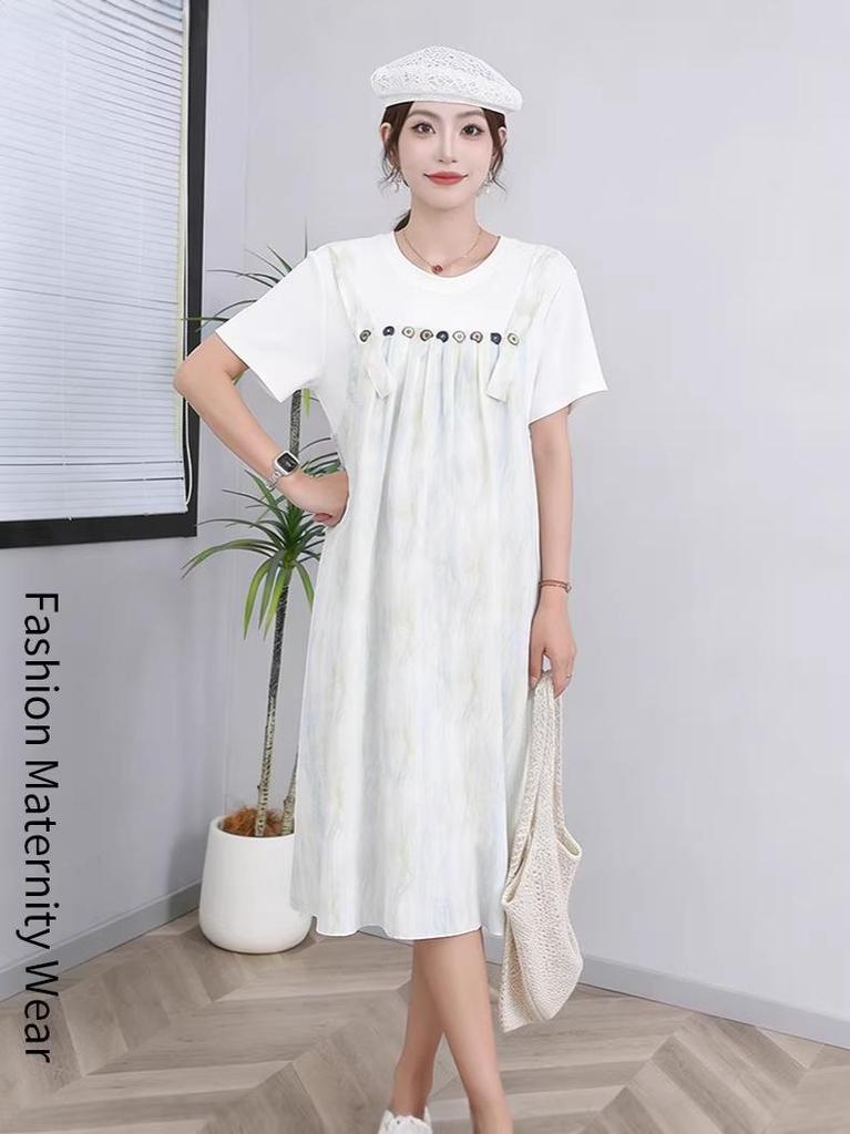 Plus Size Tie-Dye Maternity Strap Dress - 9 Sizes, Summer Two-Piece Look, Loose and Slimming for Late Pregnancy