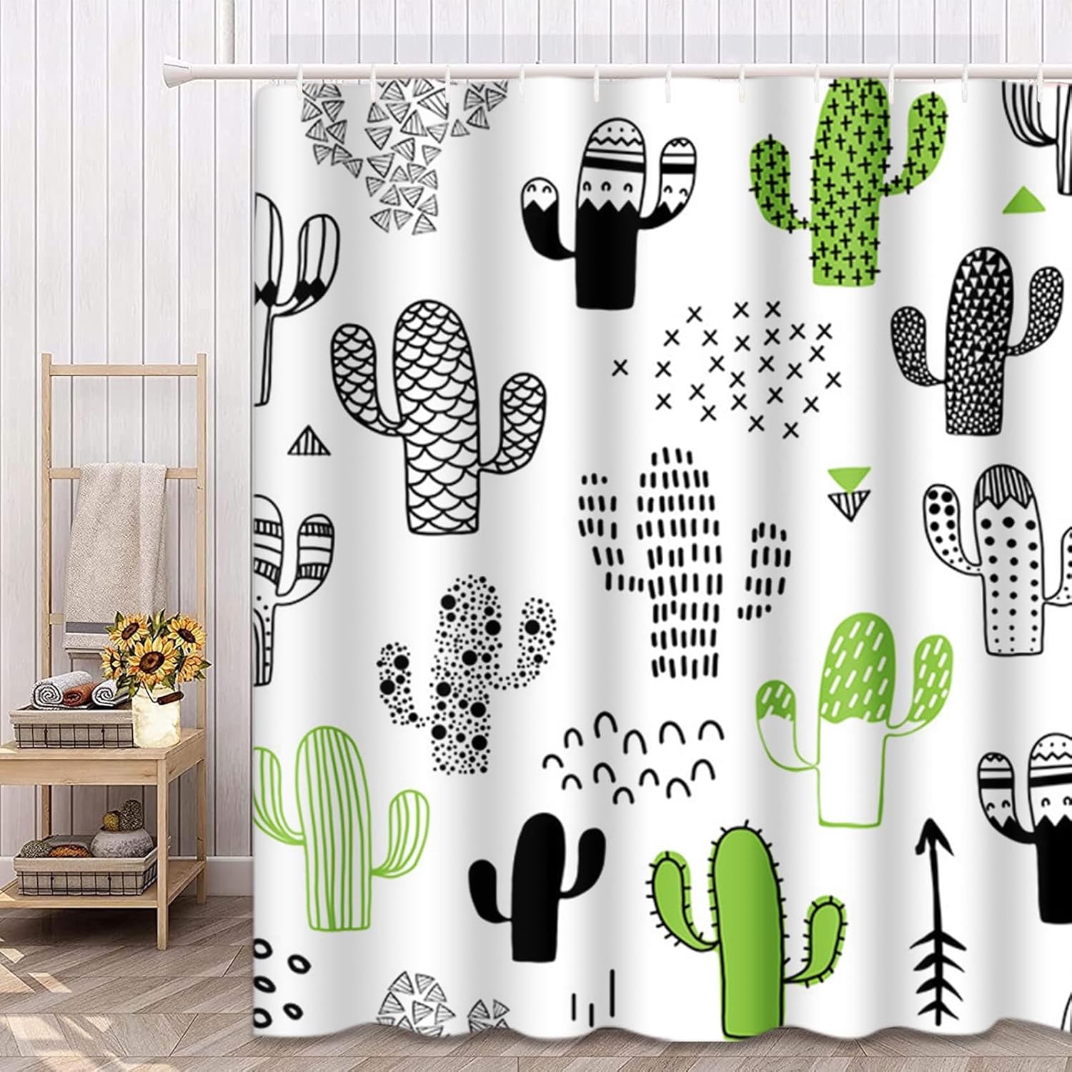 

Black Desert Shower Curtain - Cute Hand Drawn Cactus & Geometric Design, Waterproof Polyester Fabric With Hooks, Bath Decor W90XH180cm