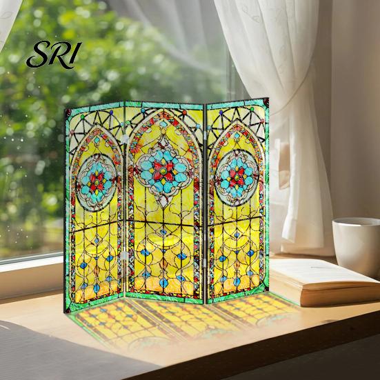 Colorful Folding Screen Mini Decorative Stained Glass Effect 3 Panel Divider Acrylic Desktop Office Desk Decoration Ornament for Home Living