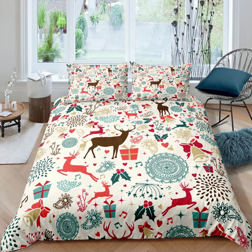 Christmas Deer King Queen Duvet Cover Animal Elk Bedding Set 2/3pcs for Kids Teens Adults Blue Soft Quilt Cover with Pillowcase