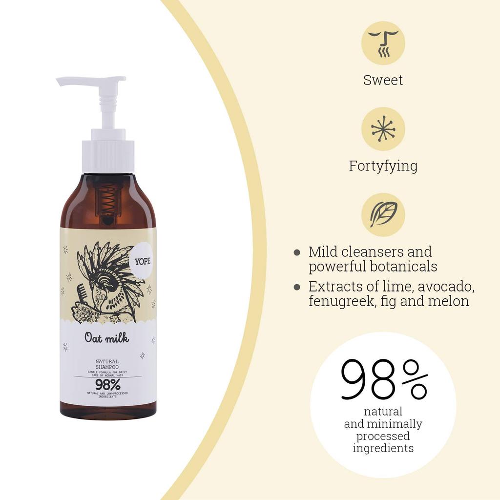 YOPE Natural for all hair with a sweet and gentle oat milk and ECOCERT Shampoo, 300ml, types, scent, certified.