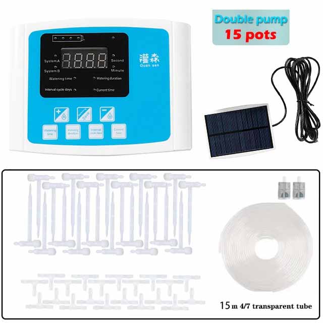 Garden Adjustable Valve Drip Irrigation Device Double Pump Controller Timer System Solar Energy Intelligent Automatic Watering