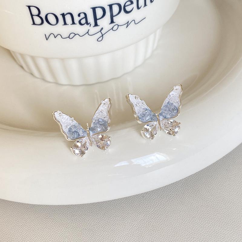French Gradient Crystal Blue Butterfly Earrings - Elegant S925 Silver Needle Fairy Design