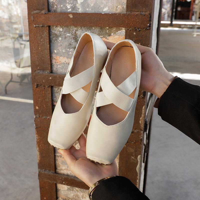 New Year's New Crossed Ballet Sneakers with Square Toe Pleated Retro Style Single Shoes Thick Heels Mary Jane Women's Shoes