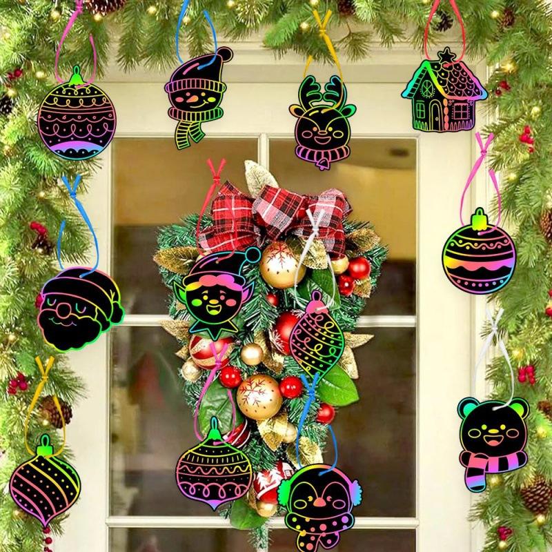 12/24/36Pcs Christmas Scratching Card DIY Art Painting Graffiti Art Christmas Tree Decoration Xmas Children Gift Festival Home Decor