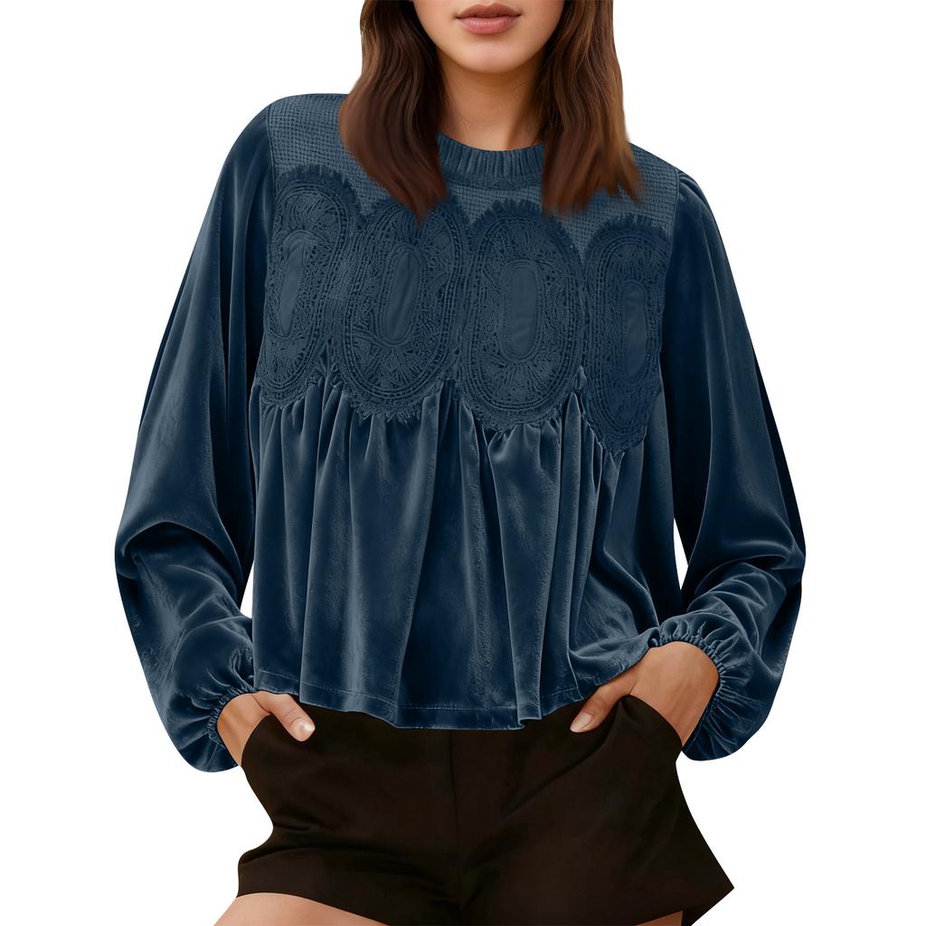 Loose-fitting, Slimming Mid-length Long-sleeved Solid Color Top With Mesh And Velvet Splicing