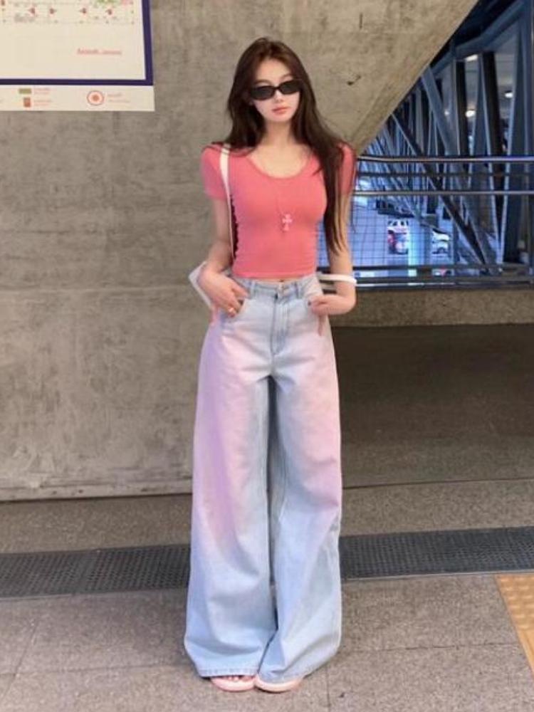 Pink Blue Design Vintage Baggy Loose Jeans Women Y2k Harajuku High Waist Denim Trousers Female Retro Fashion 90s Aesthetic Wide Pants Sreetwear