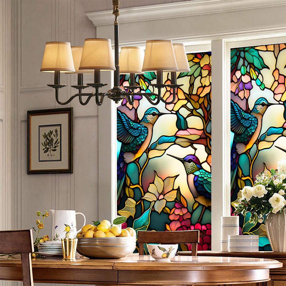 Retro Colorful Hummingbird Flower Stained Glass Window Film Non-adhesive  Window Film Decorative Static Cling