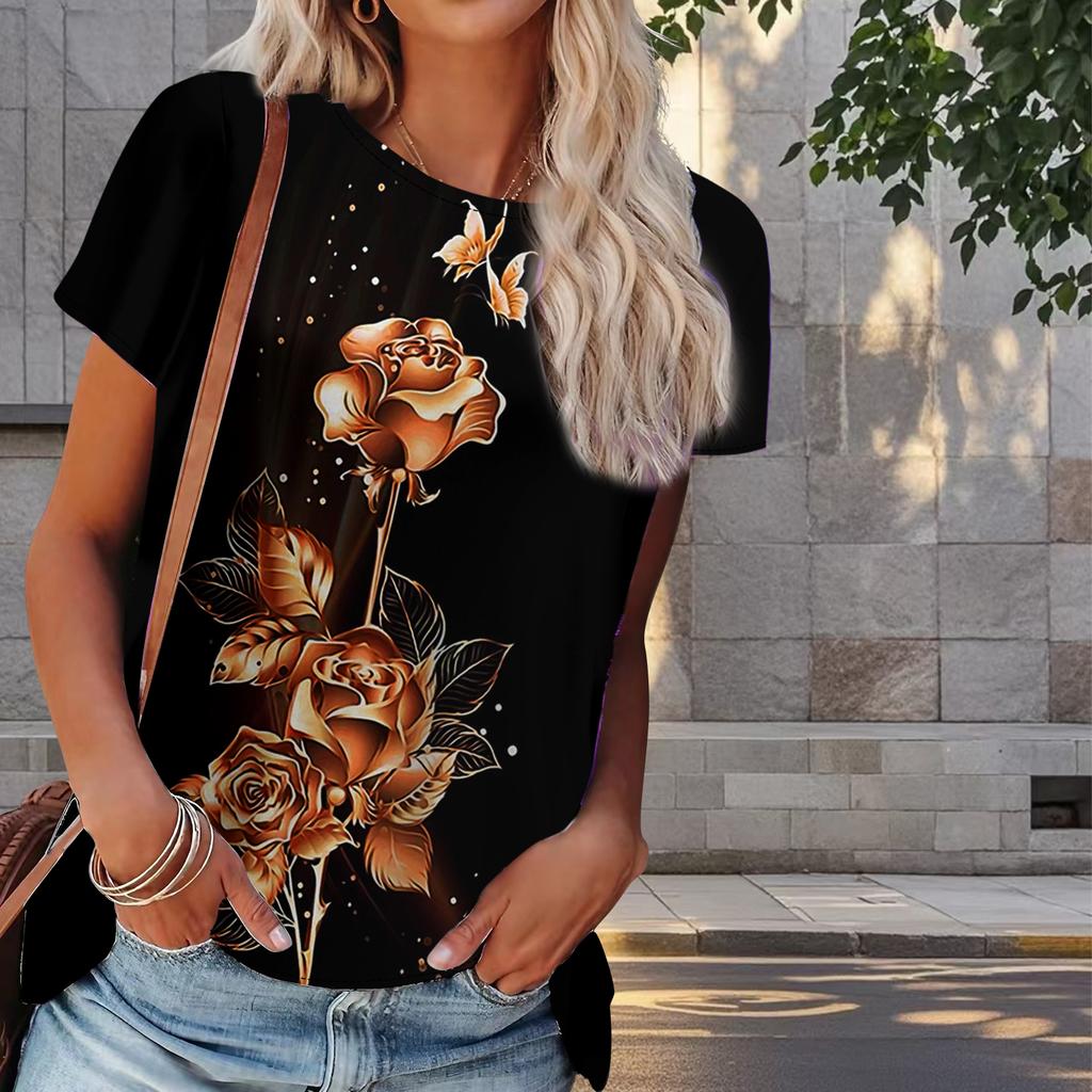 Damski Letni T-shirt z Nadrukiem Róży Retro Moda Krótki Rękaw Koszulki Casualowe Drukowane Topy