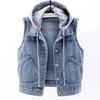 Women's Short Spring and Autumn Hooded Sleeveless Denim Vest with Large Pockets and A Hood