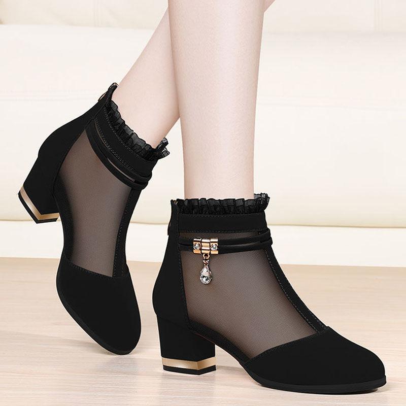 Mesh Women's Shoes Medium Heel Shoes Women's Thick Heel Short Tube Women's Boots Women's Shoes Spring and Autumn New Black Shoes Women's Shoes Women