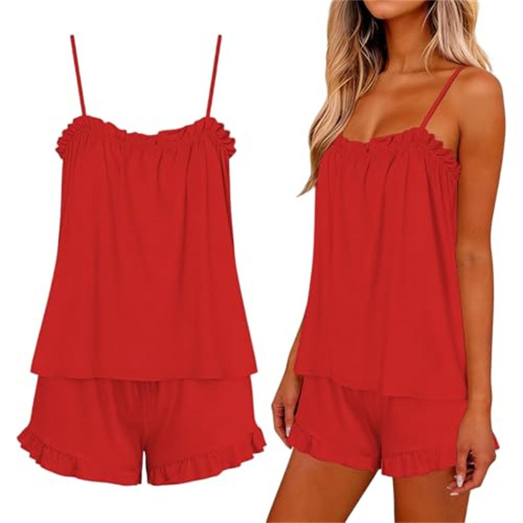 Women's Casual Two Piece Pajama Set Lightweight Sleeveless Top with Adjustable Straps and Elastic Waist Shorts Soft Lounge Sleepwear