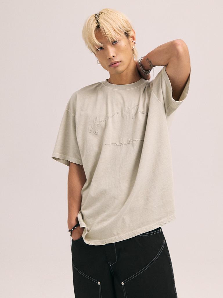Akesi Super Normal Chain Embroidery Pigment Short Sleeve T-Shirt - Cream