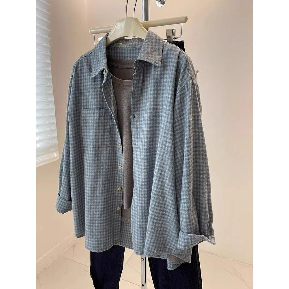 

Retro Brushed Blue Plaid Long-sleeved Shirt Women s Spring and Autumn Loose Lazy Style Outer Top 2XL синій