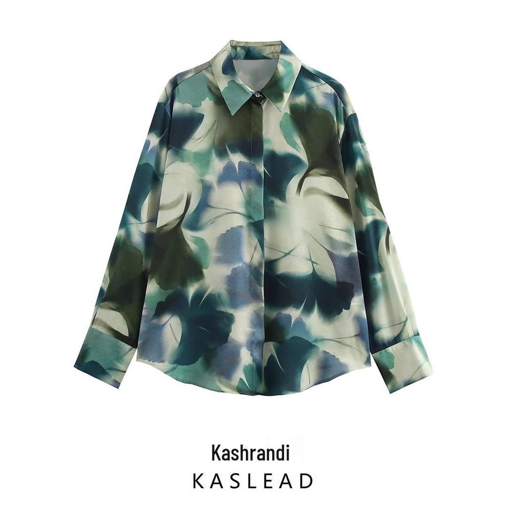 2025 Spring Women's European & American Style Print Silk Satin Long Sleeve Shirt with Turn-Down Collar